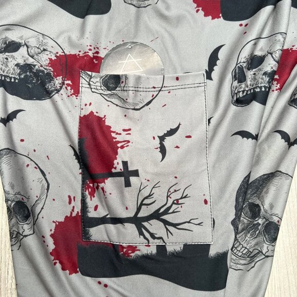 Spooky Graveyard Halloween Print Gray Leggings w/ Pocket - Picture 2 of 3